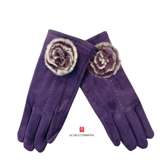 Purple Glove with Faux Fur Pom Pom