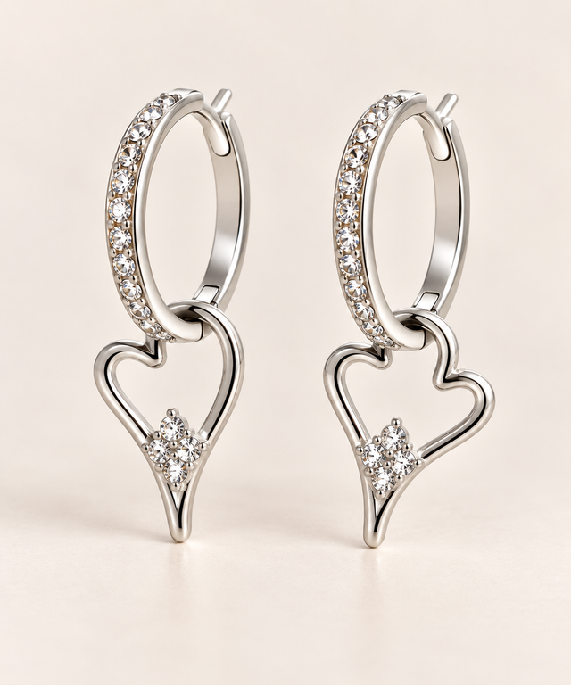 Miss Dee CZ Hoops with Hanging Heart - Silver