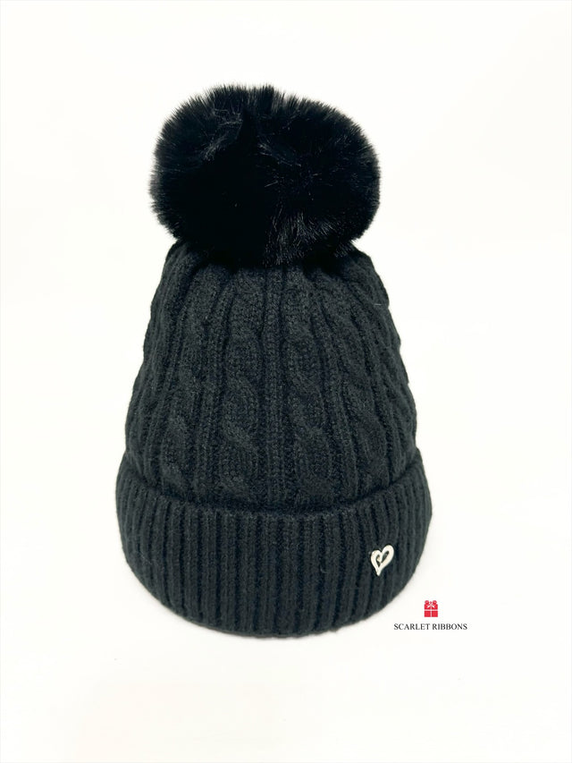 Cable Knit Pom Pom Hat - Black