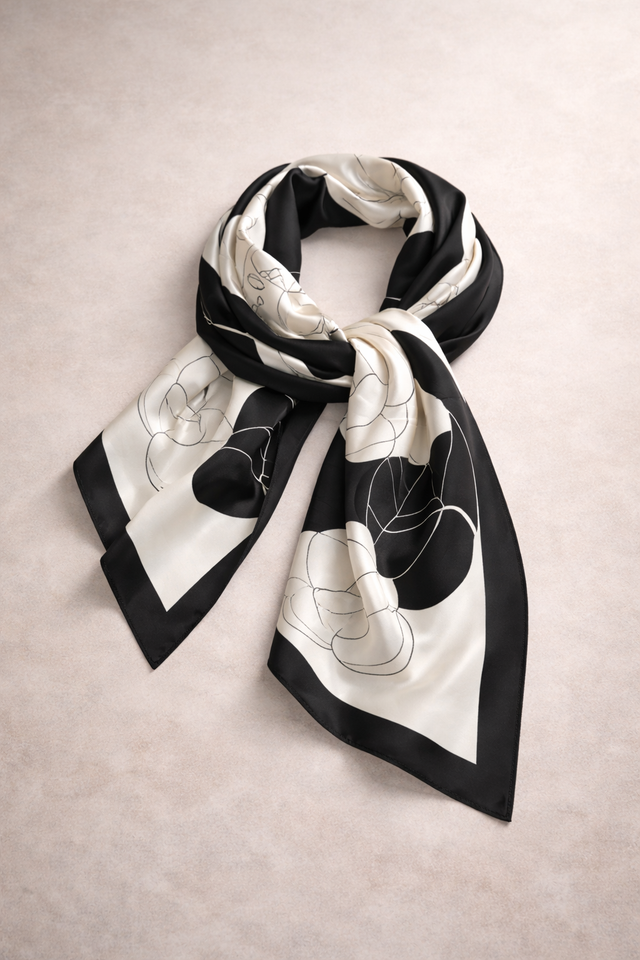 Black/White Floral Silky Square Scarf