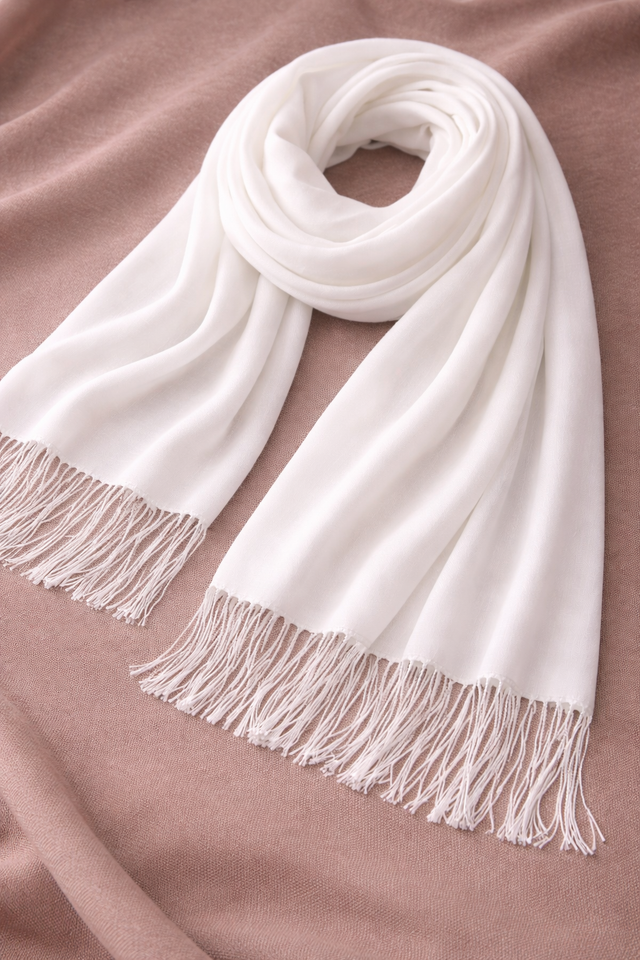 Lightweight Scarf with Fringes - White