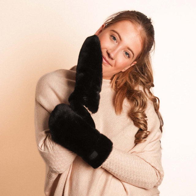 Faux Fur Mitts - Black