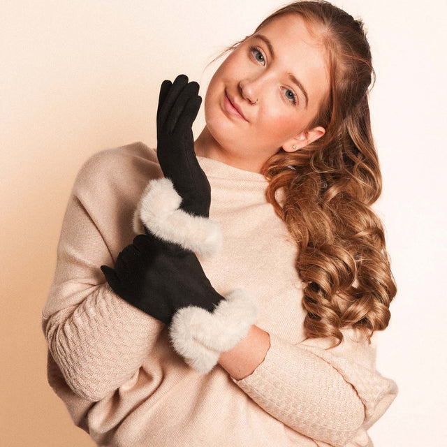 Faux Fur Cuff Gloves - Black