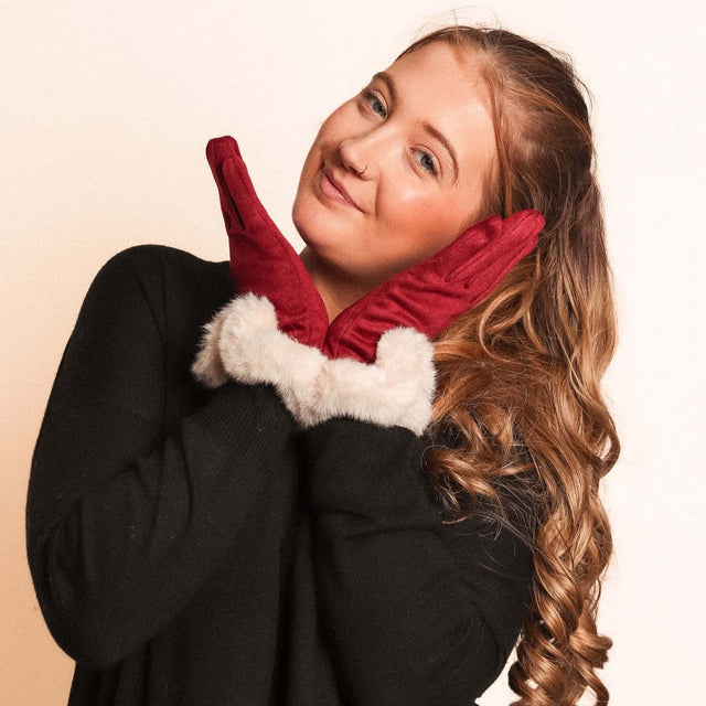 Faux Fur Cuff Gloves - Burgundy