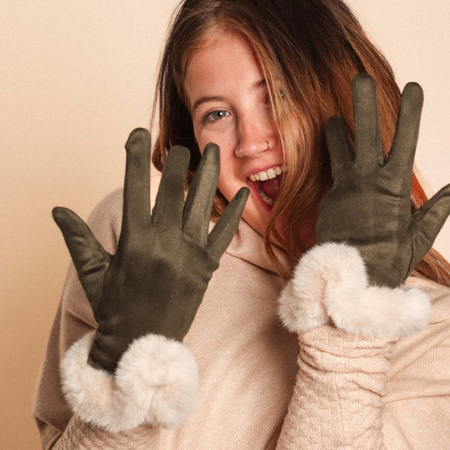 Faux Fur Cuff Gloves - Green