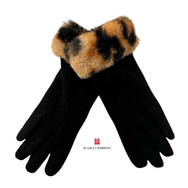 Black Gloves with Leopard Print Faux Fur Cuff