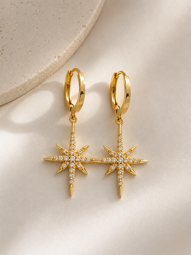 Long Crystal Starburst Earrings - Gold