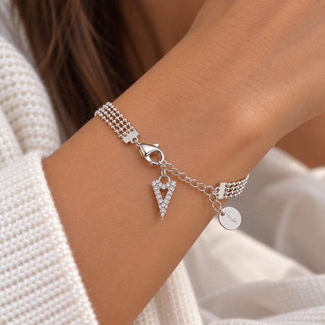 Double Chain Bracelet with Crystal Heart - Silver