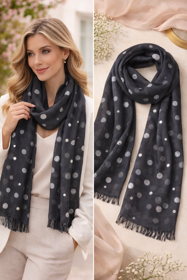 Glitter Dot & Pearl Detail Scarf - Black