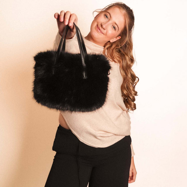 Faux Fur Small with Cross Body Handle Bag - Black