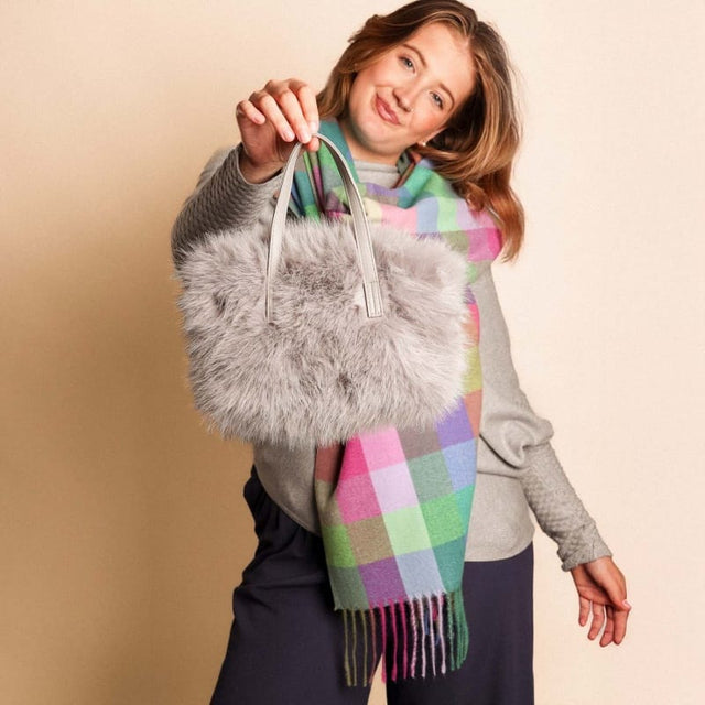 Faux Fur Small with Cross Body Handle Bag - Grey