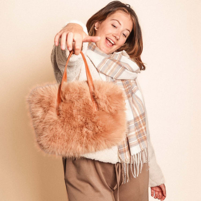 Faux Fur Small with Cross Body Handle Bag - Taupe