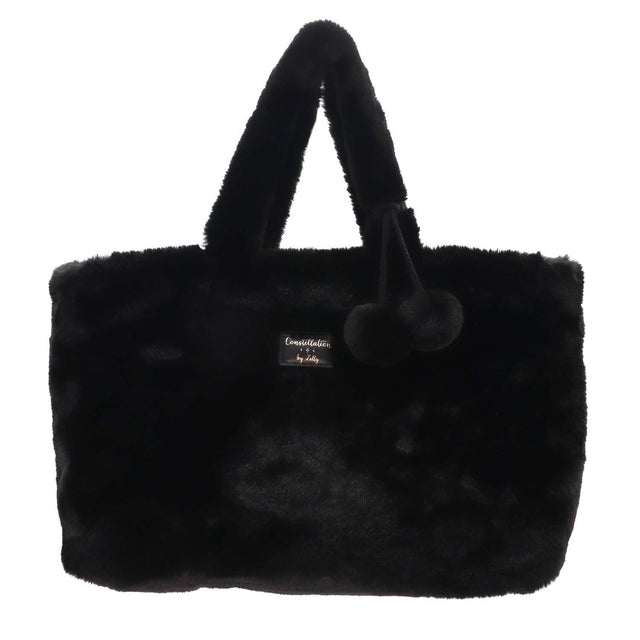 Faux Fur Bag with Pompoms - Black