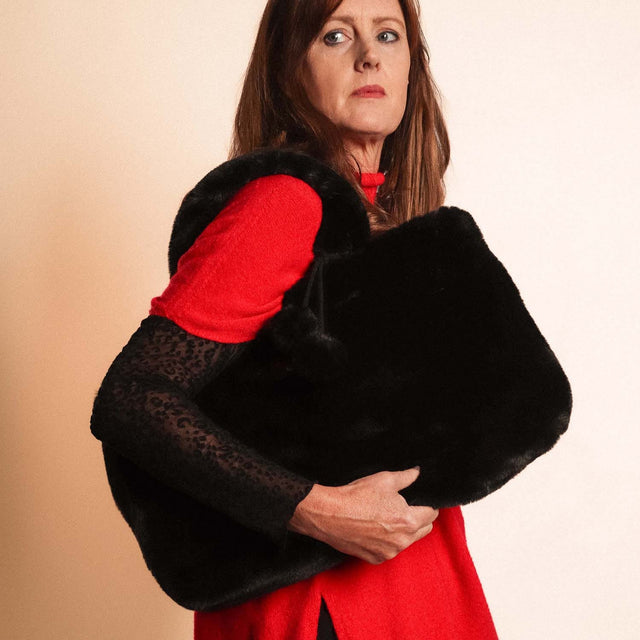 Faux Fur Bag with Pompoms - Black