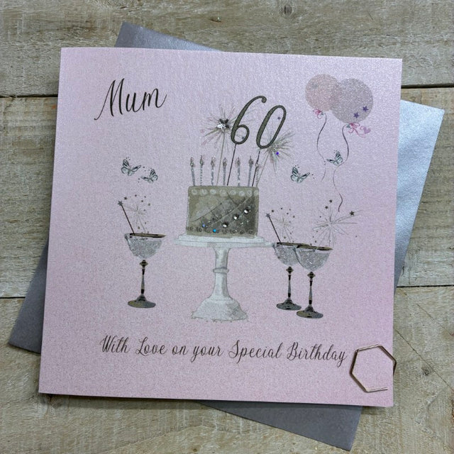 White Cotton Mum 60th Pink Champs & Cake Birthday Card
