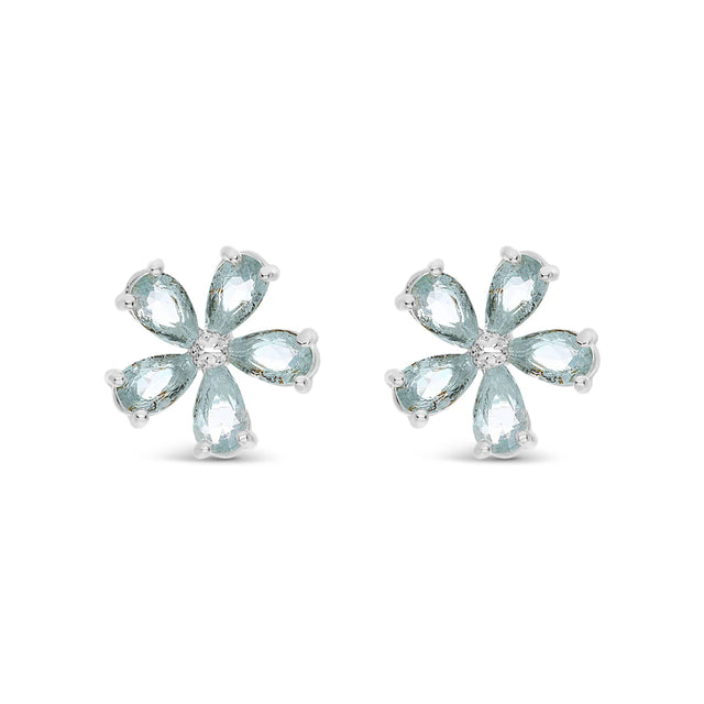 Earrings - Silver Aqua Crystal Flower