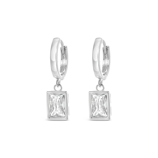 Earrings - Silver Hoop Square Crystal Drop