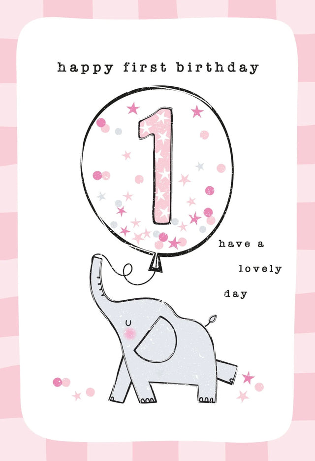 Pink 1st Birthday Card - Elephant