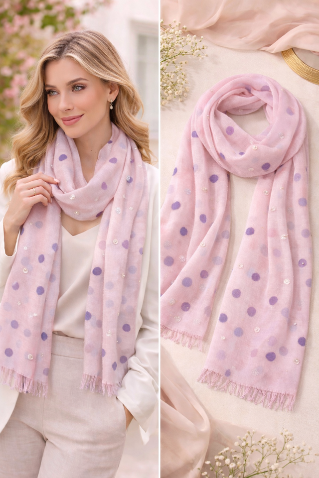 Glitter Dot & Pearl Detail Scarf - Pale Pink