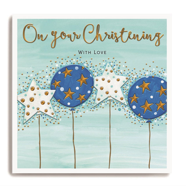 Christening Boy Card - Blue & White Balloons