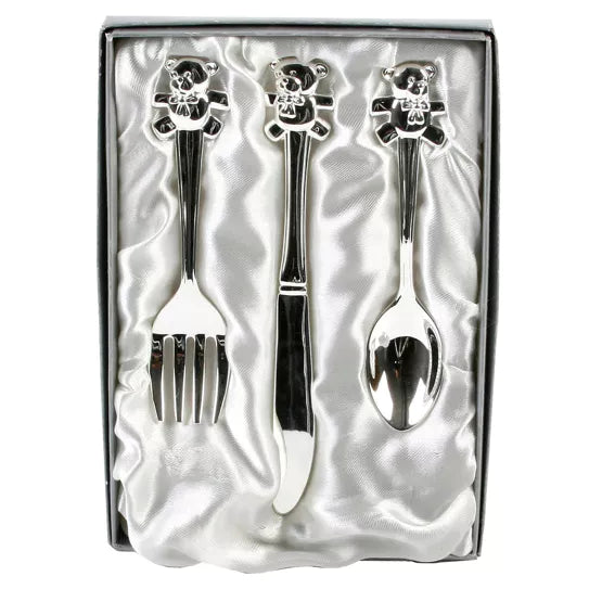 Silver-Plated Knife, Fork, & Spoon Set with Teddy Top