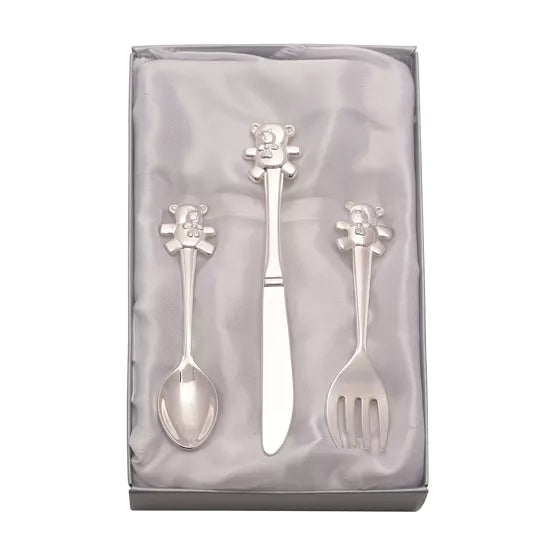 Silver-Plated Knife, Fork, & Spoon Set with Teddy Top