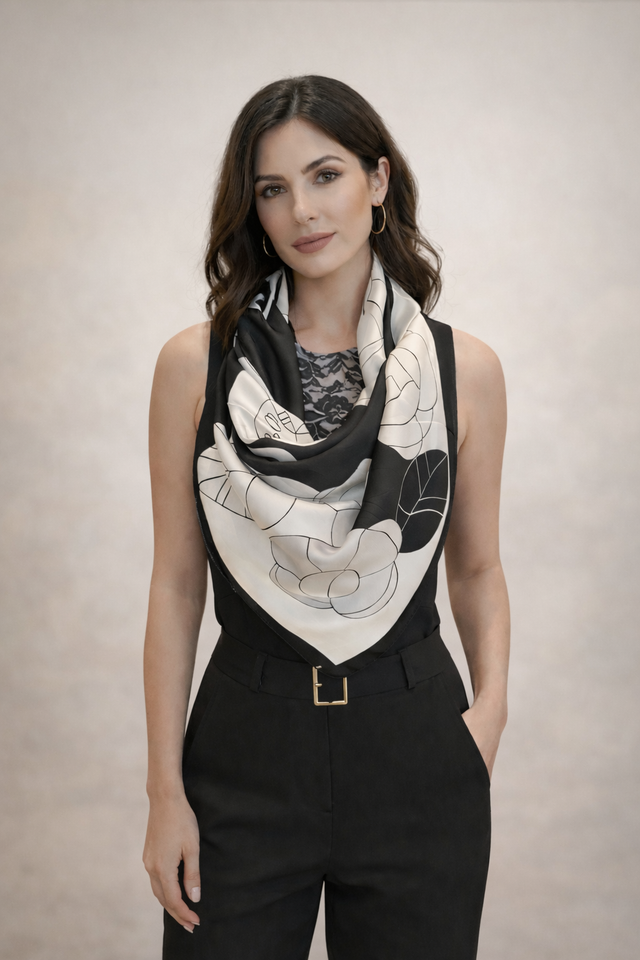 Black/White Floral Silky Square Scarf