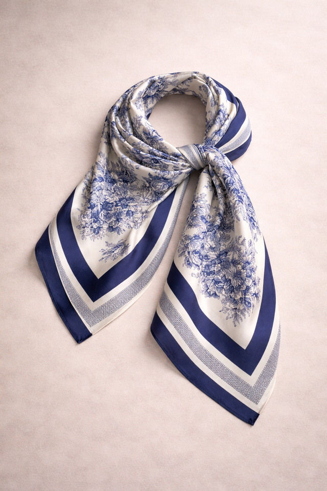 Blue / Cream Silky Square Scarf