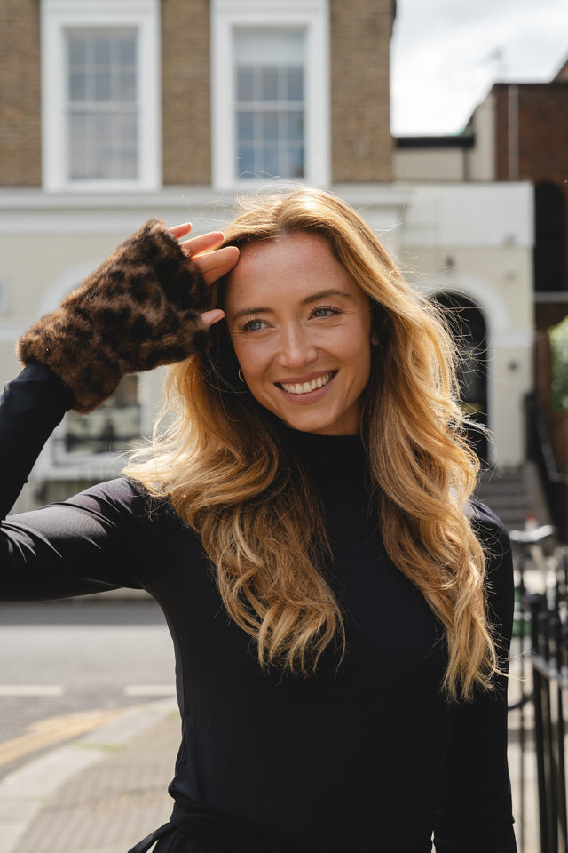 Faux Fur Fingerless Mitts - Leopard