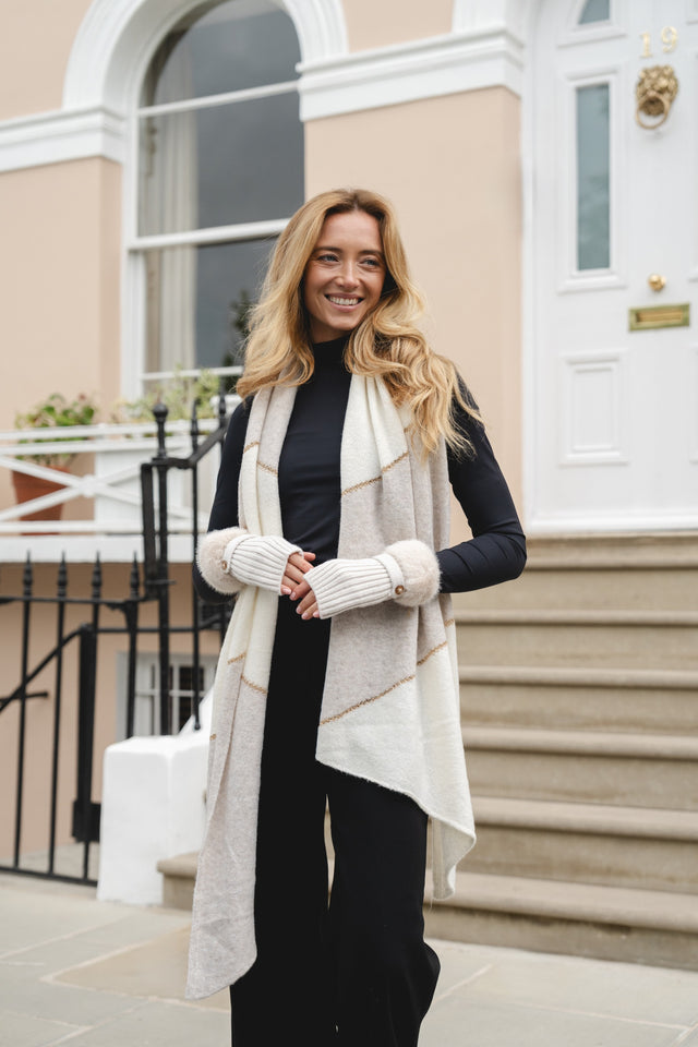 Knitted Faux Fur Fingerless Gloves - Cream