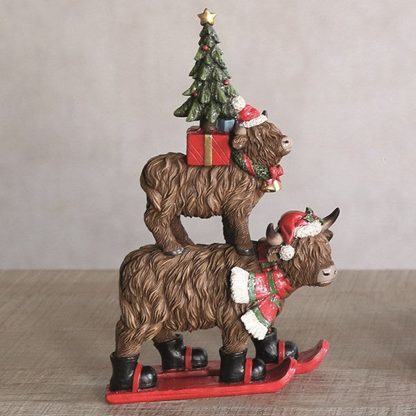 Xmas Stacked Highland Cow 25cm