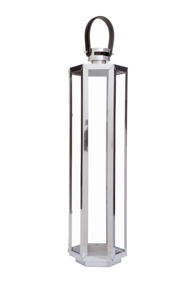 Large Silver Hexagonal Lantern with Leather Handle