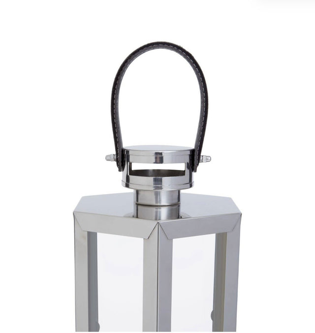 Large Silver Hexagonal Lantern with Leather Handle