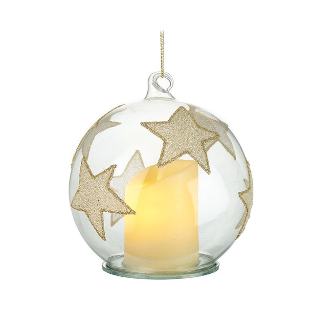 Glass Bauble with LED Candle & Stars