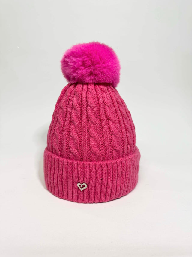 Cable Knit Pom Pom Hat - Pink