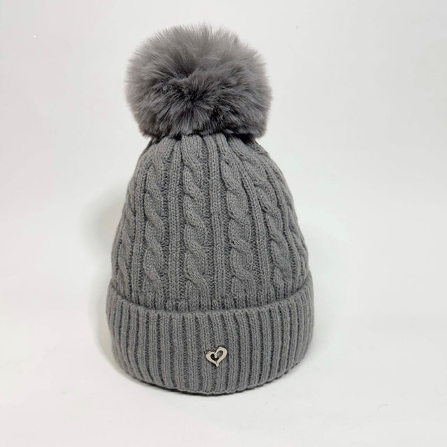 Cable Knit Pom Pom Hat - Grey