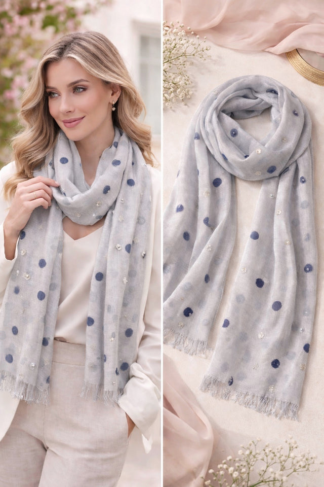 Glitter Dot & Pearl Detail Scarf - Grey