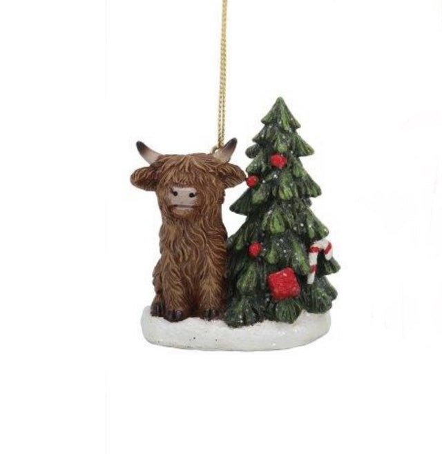 Highland Cow & Tree Decoration 7cm