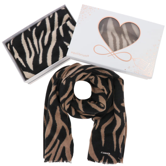 Zebra Look Cosy Boxed Scarf - Camel & Cream