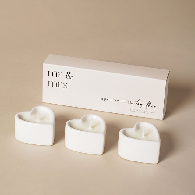 Set of 3 Heart Candles - Mr & Mrs