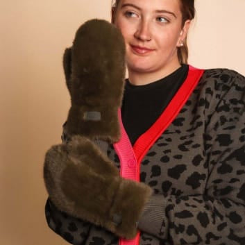 Faux Fur Mitts - Olive Green