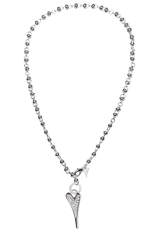 Miss Dee Silver Long Knotted Necklace with Diamante Heart