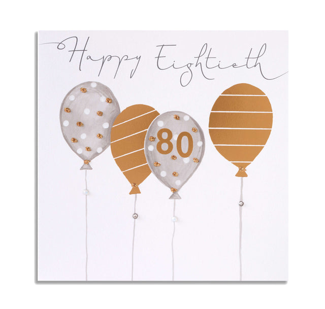 Happy Eightieth Birthday Card - Golden Balloons