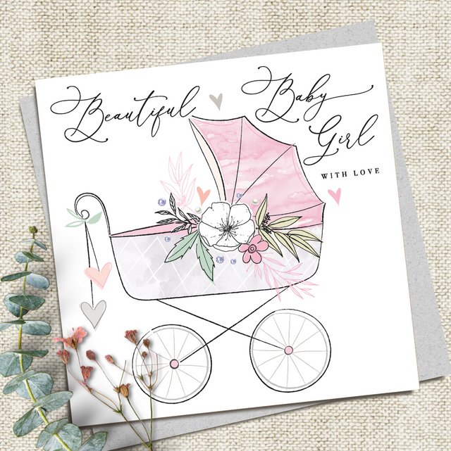 Beautiful Baby Girl Card - Pram