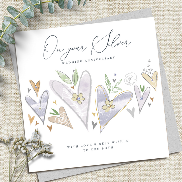 Silver Wedding Anniversary Card - Hearts