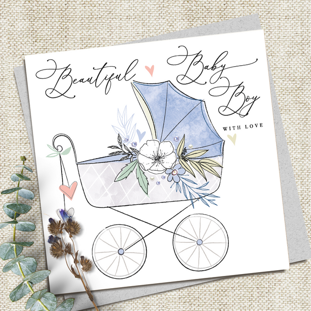 Beautiful Baby Boy Card - Pram
