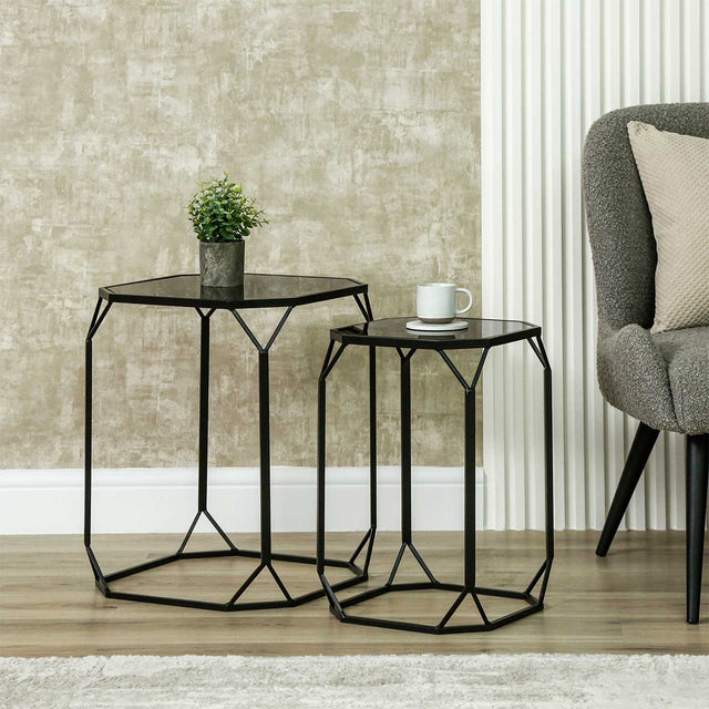 Set of 2 Black Metal Nesting Tables With Black Mirrored Tabletop