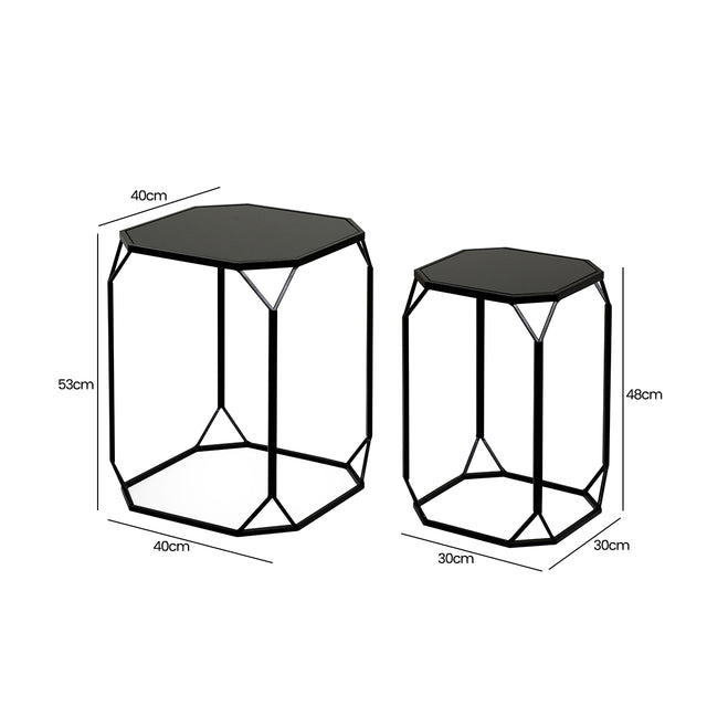 Set of 2 Black Metal Nesting Tables With Black Mirrored Tabletop