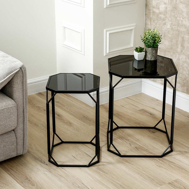 Set of 2 Black Metal Nesting Tables With Black Mirrored Tabletop