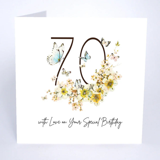 70th Birthday Card - Butterflies & Blossom